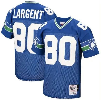 Blue Seattle Seahawks Steve Largent 1985 throwback jersey with white numbers and green-blue accents