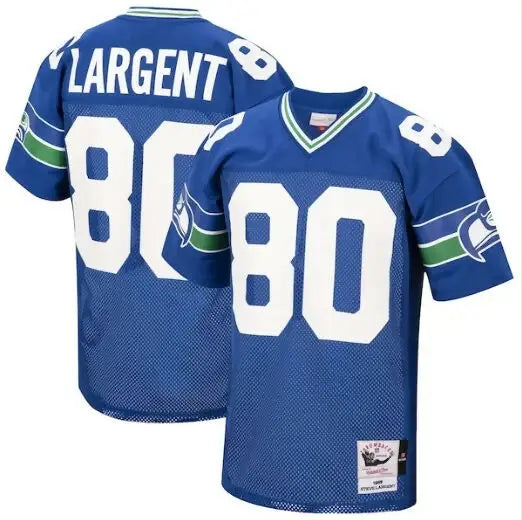 Blue Seattle Seahawks Steve Largent 1985 throwback jersey with white numbers and green-blue accents