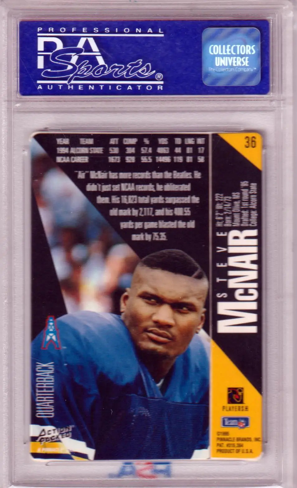 Steve McNair football card from Columbia Hobby, 1995 Action Packed RC Rookie PSA 10