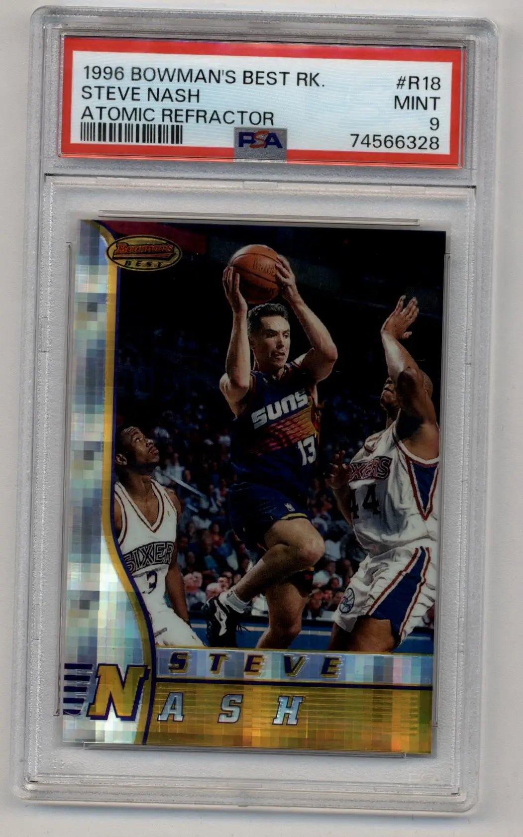PSA-graded 1996 Bowman’s Best Steve Nash Rookie #R18 Atomic Refractor in protective case