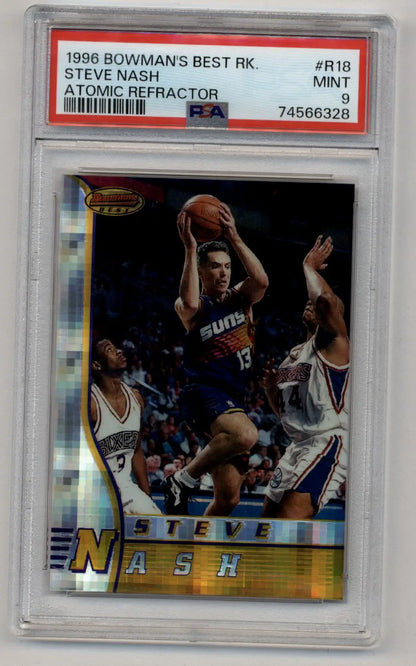 PSA-graded 1996 Bowman’s Best Steve Nash Rookie #R18 Atomic Refractor in protective case