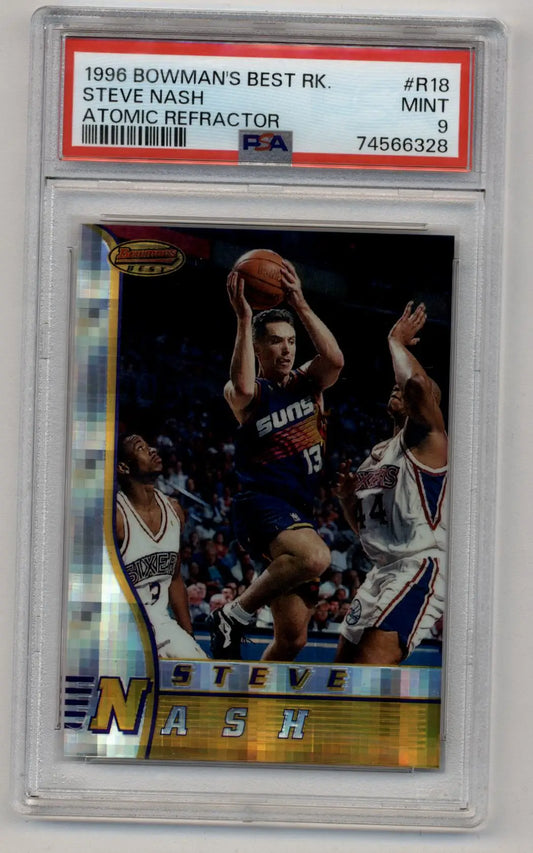 PSA-graded 1996 Bowman’s Best Steve Nash Rookie #R18 Atomic Refractor in protective case