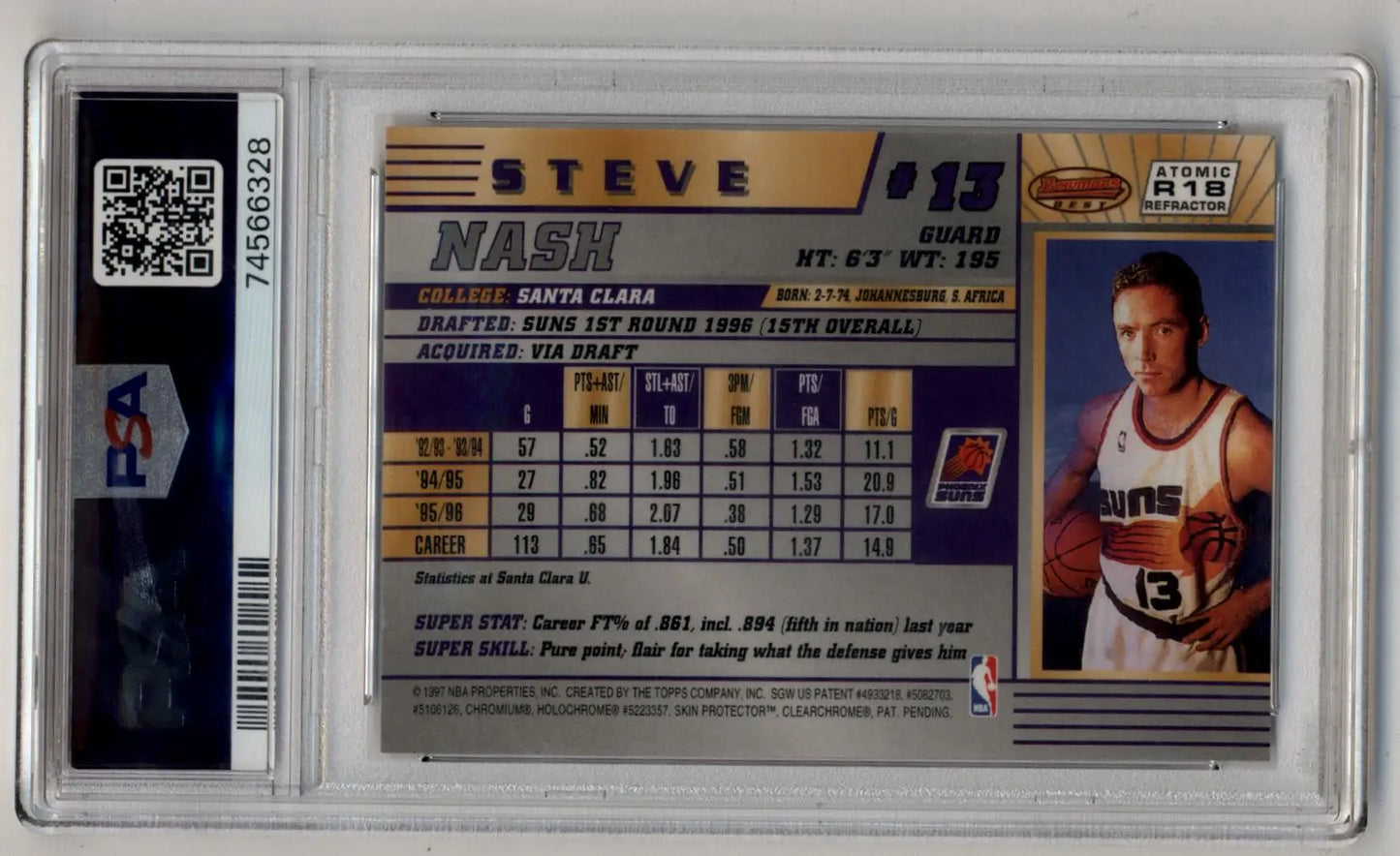 Steve Nash 1996-97 Bomwan’s Best R18 Atomic Refractor PSA 9 Mint back statistics image