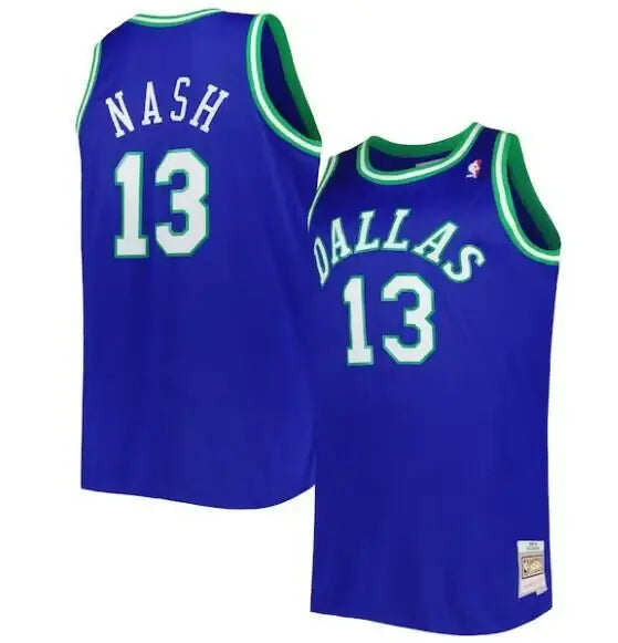 Blue Dallas Mavericks Steve Nash Hardwood Classics swingman jersey with green trim and white numbers