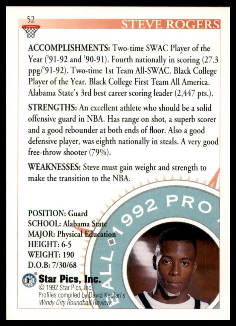 Steve Rogers basketball card from Star Pics 1992 Alabama State Hornets collection