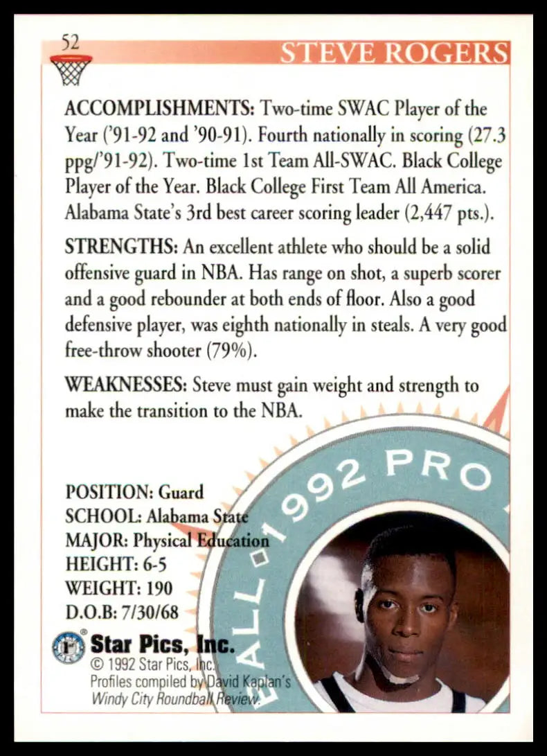 Steve Rogers basketball card from Star Pics 1992 featuring Alabama State Hornets