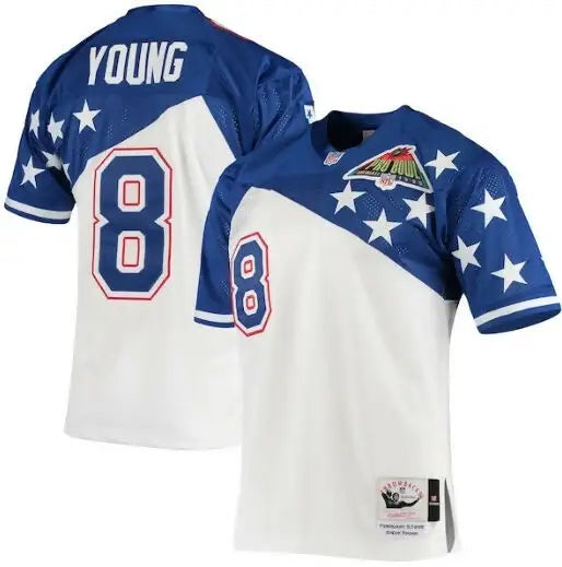 White and blue Steve Young NFC 1994 Pro Bowl jersey with stars and YOUNG 8 on back