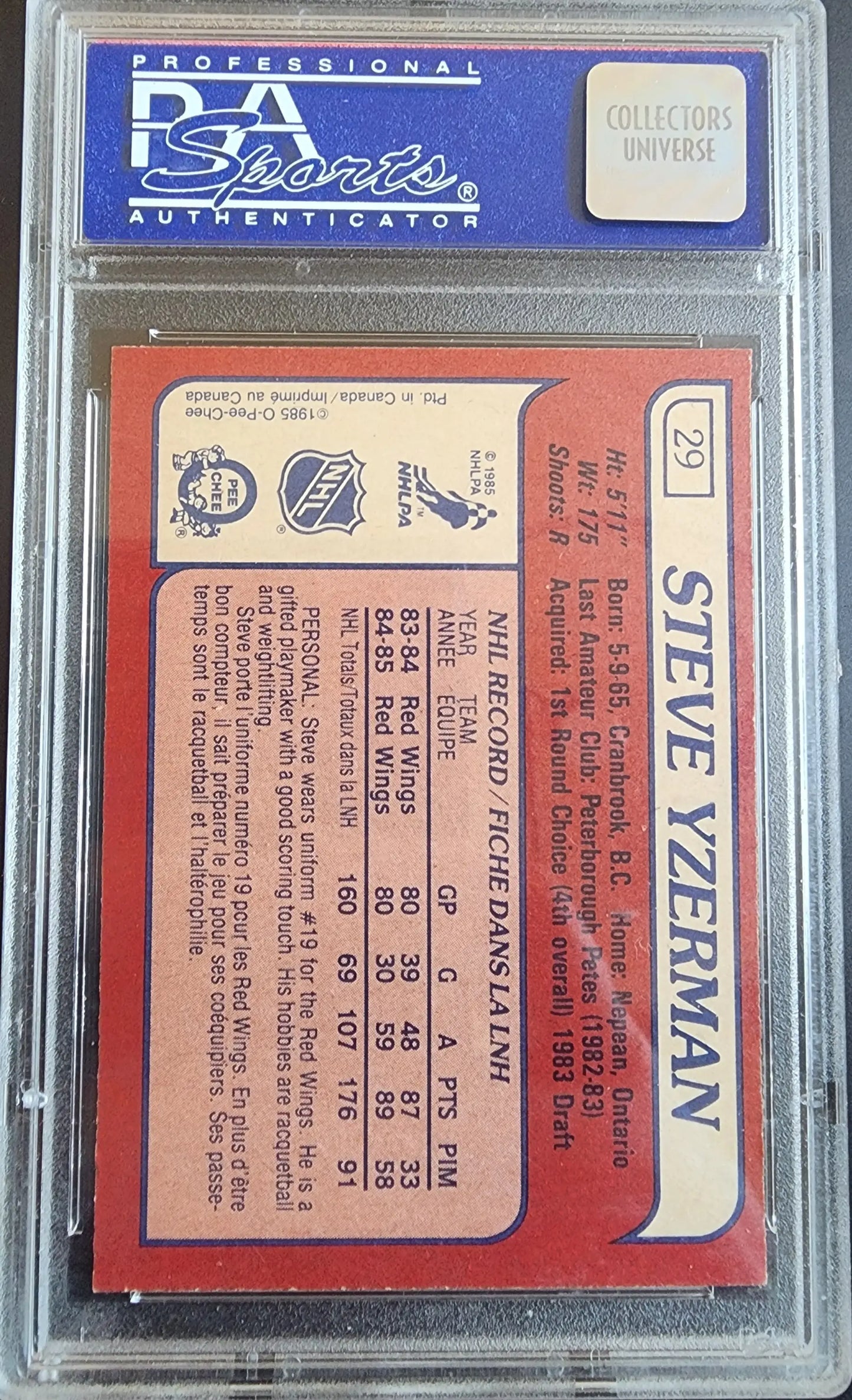 Encapsulated Steve Yzerman 1985 O-Pee-Chee #29 PSA 9 Mint trading card for collectors