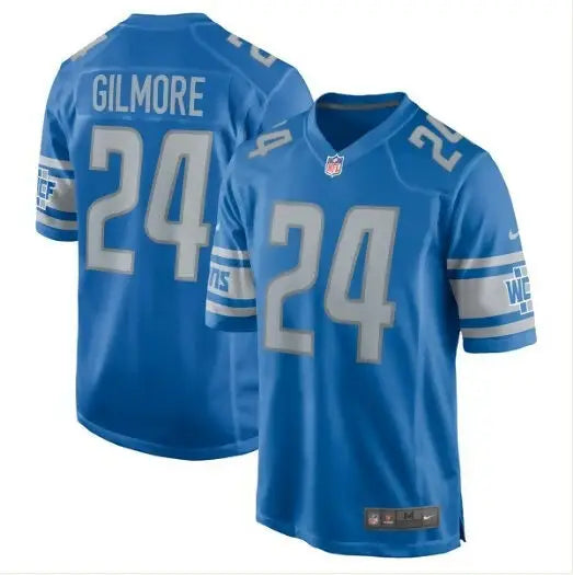 Blue NFL football jersey with GILMORE and 24 in gray text, Detroit Lions team gear