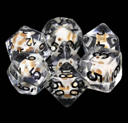 Stone Skull RPG dice set with clear dice featuring embedded cat figures for skull RPG gameplay