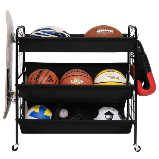 Three-tiered sports equipment storage rack with ball rack and wheels for organized storage space