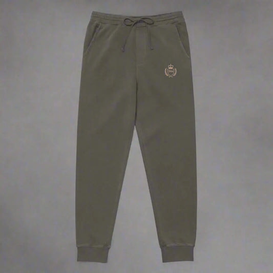 Olive green crested luxe joggers with embroidered crest logo for STORE 7994