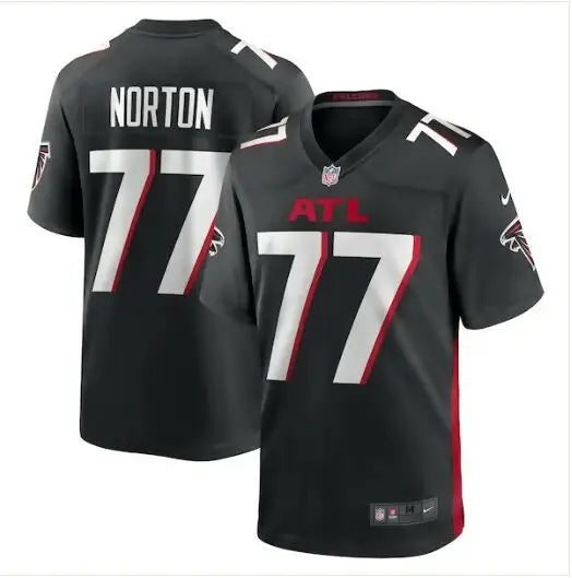 Black Atlanta Falcons Storm Norton Nike Game Football Jersey on display