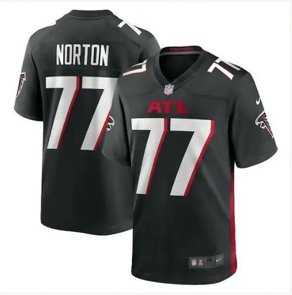 Black Atlanta Falcons Storm Norton Nike Game Football Jersey on display