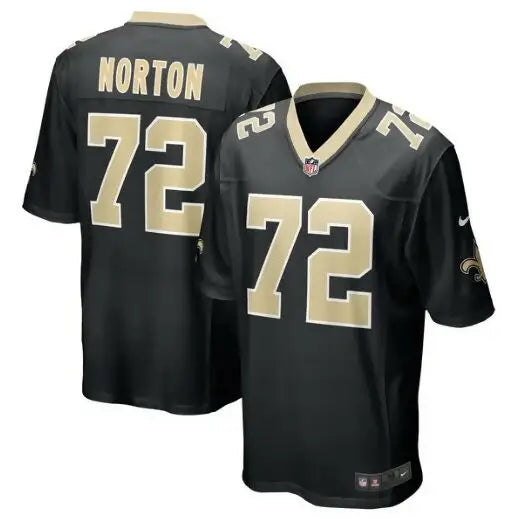 Black and gold Storm Norton Orleans Saints Nike Game Jersey with number 72 and NORTON