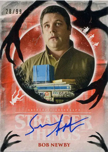 Sean Astin trading card in yellow shirt with books on red background, 28/99
