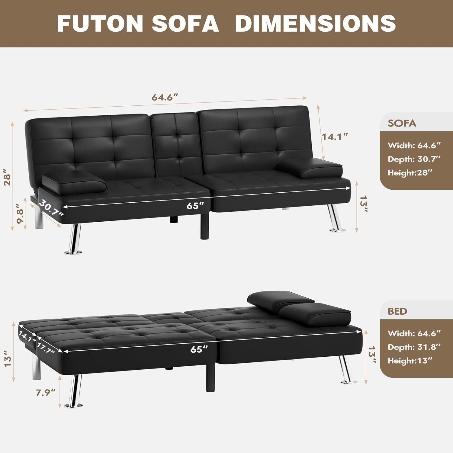 Futon Sofa Bed, Leather Futon Couch with Removable Armrests, Adjustable Recliner Sleeper Sofa Bed with Dual Cup Holders for Living Room, Apartment, Office (Black)-2