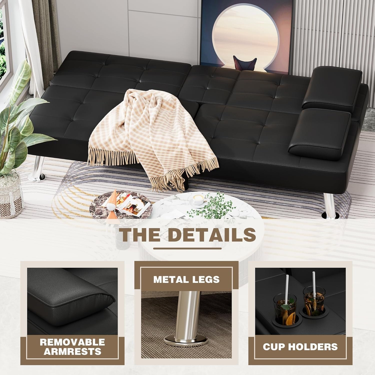 Futon Sofa Bed, Leather Futon Couch with Removable Armrests, Adjustable Recliner Sleeper Sofa Bed with Dual Cup Holders for Living Room, Apartment, Office (Black)-3