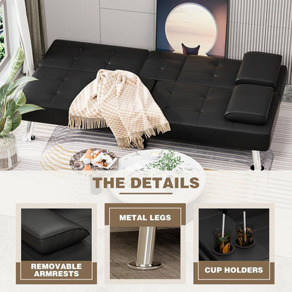 Futon Sofa Bed, Leather Futon Couch with Removable Armrests, Adjustable Recliner Sleeper Sofa Bed with Dual Cup Holders for Living Room, Apartment, Office (Black)-3