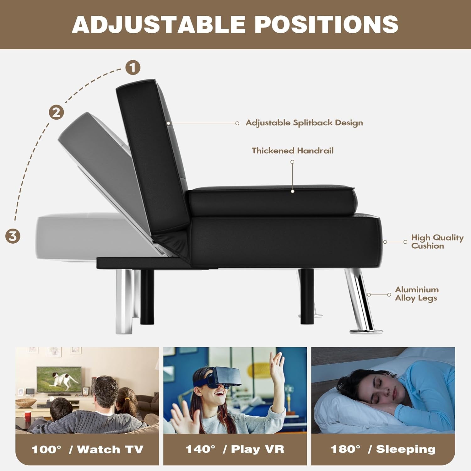 Futon Sofa Bed, Leather Futon Couch with Removable Armrests, Adjustable Recliner Sleeper Sofa Bed with Dual Cup Holders for Living Room, Apartment, Office (Black)-4