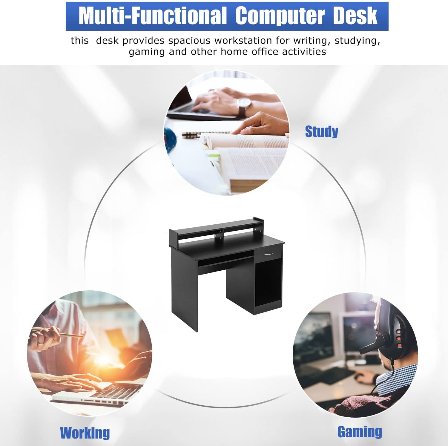 Stylish Office Desk with Drawers and Keyboard Tray-4