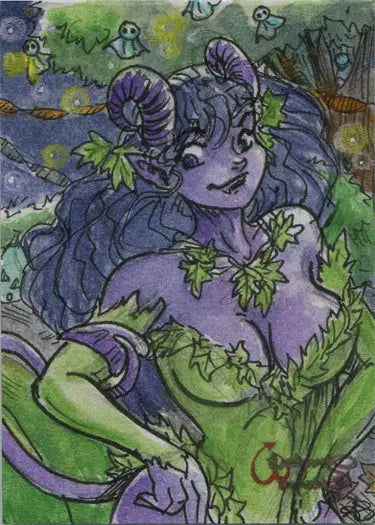 Purple forest spirit with curled horns on Succubus Sweethearts Sketch Card by Amber Stone