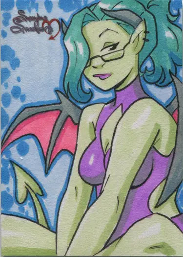 Cartoon-style green-skinned female succubus from Succubus Sweethearts sketch card by Andrew Fielder