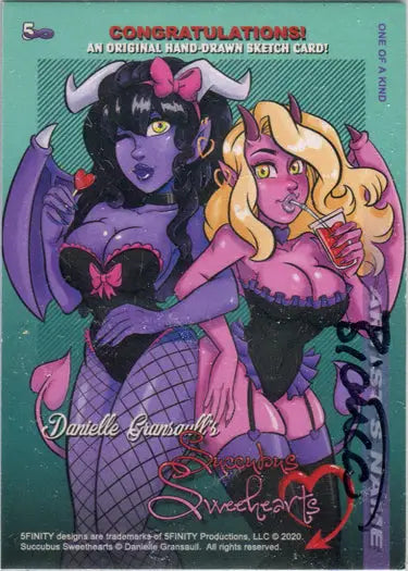 Colorful Succubus Sweethearts sketch card by Bianca Thompson featuring two fantasy characters