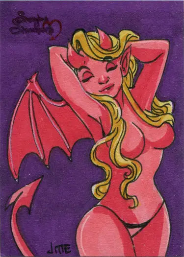 Stylized pink female demon with bat wings in Succubus Sweethearts sketch card by Jme Foronda