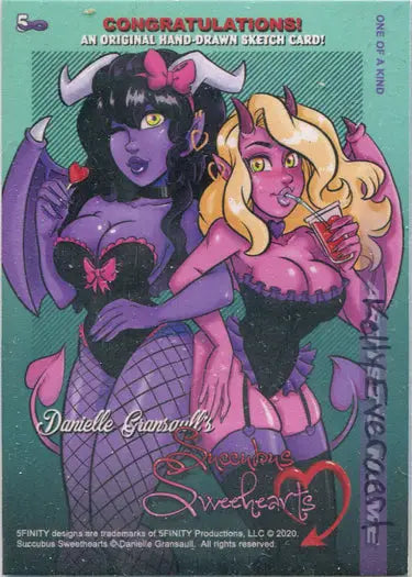 Succubus Sweethearts sketch card featuring fantastical cartoon-style characters by Kelly Everaert