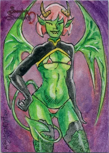 Green demonic female succubus with horns and wings from Succubus Sweethearts sketch card by Kelly Everaert