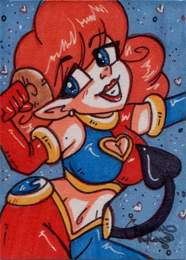 Cartoon character with red hair holding a phone on Succubus Sweethearts sketch card by Mary Bellamy