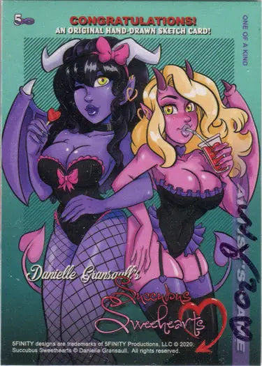 Cartoon-style sketch card of Succubus Sweethearts by Mary Bellamy with colorful characters