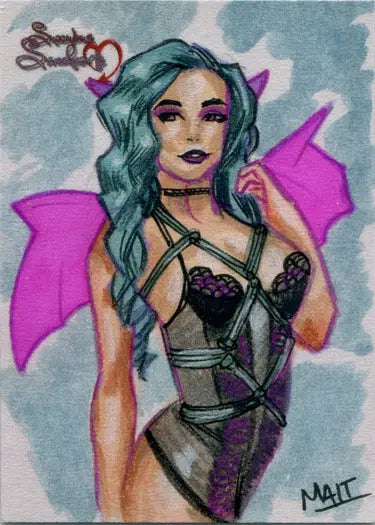 Stylized illustration of a woman with teal hair and wings from Succubus Sweethearts sketch card by Paul Maitland