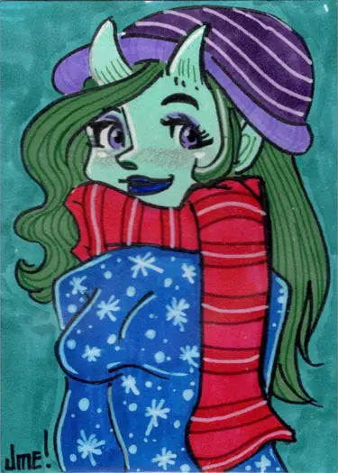 Cartoon portrait of a green-skinned character in winter gear on Succubus Sweethearts Sketch Card