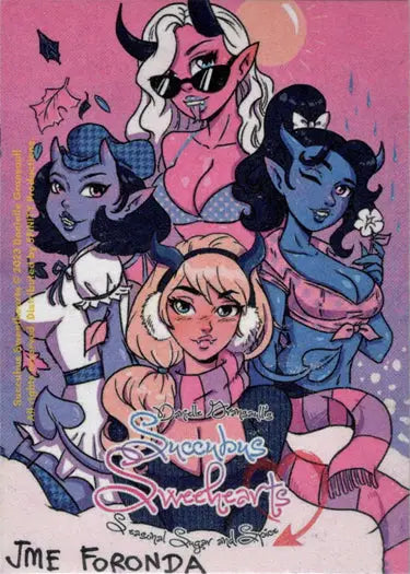 Stylized illustration of four fantastical women from Succubus Sweethearts sketch card by Jme Foronda