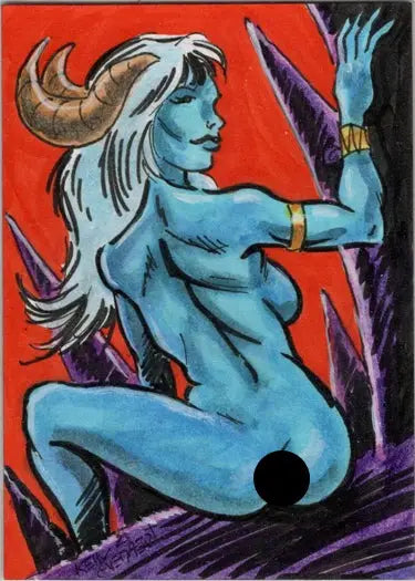 Blue-skinned humanoid succubus with horns and white hair in Kelly Everaert sketch card