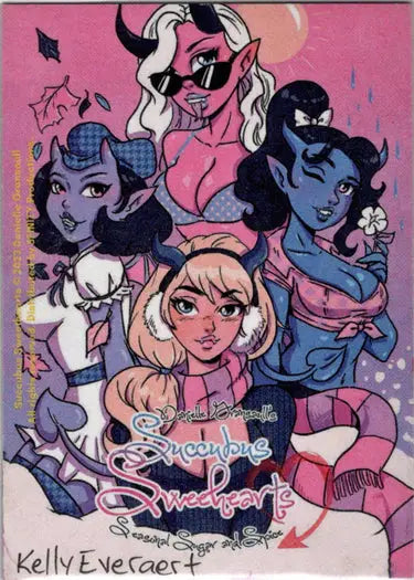Colorful illustration of four succubus sweethearts by Kelly Everaert on a sketch card
