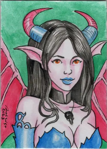 Fantasy-style portrait of a horned elf-like female from Succubus Sweethearts Sketch Card