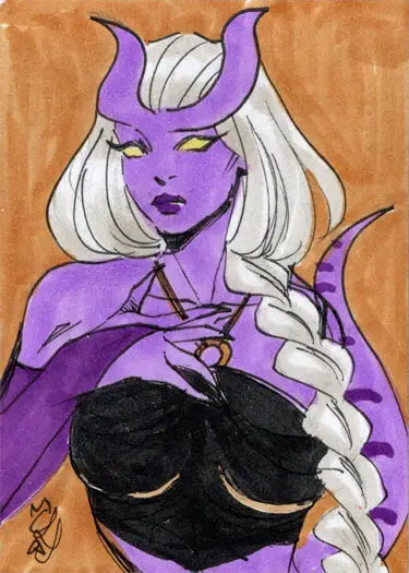 Purple-skinned succubus sweethearts character with white hair and horns on sketch card