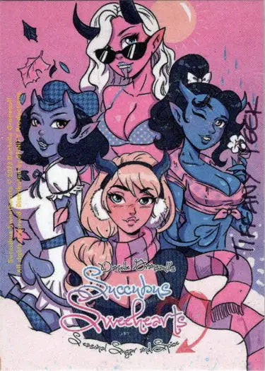Stylized illustration of diverse Succubus Sweethearts by Tiffany Peek on a sketch card