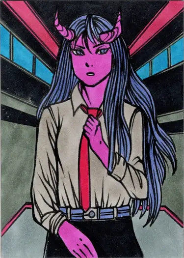 Stylized illustration of a purple-skinned character from Succubus Sweethearts Sketch Card by Ulisses Gabriel