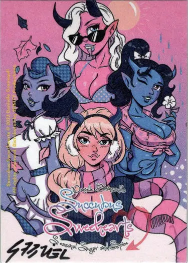 Stylized illustration of colorful Succubus Sweethearts by Ulisses Gabriel on a sketch card