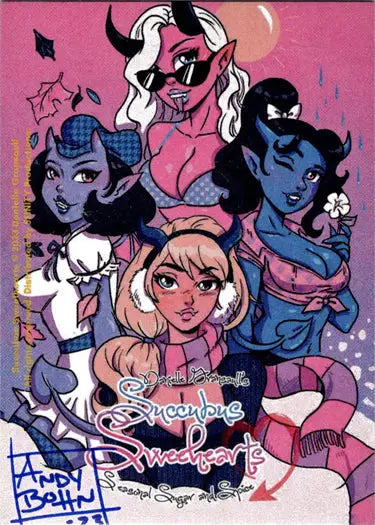 Stylized cartoon of four diverse female characters with a pink demon in Succubus Sweethearts Sketch Card by Andy Bohn
