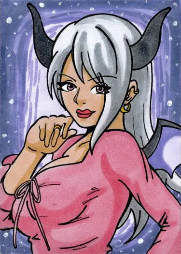 Anime-style Succubus Sweethearts character in a pink top, by Andy Bohn, on sketch card
