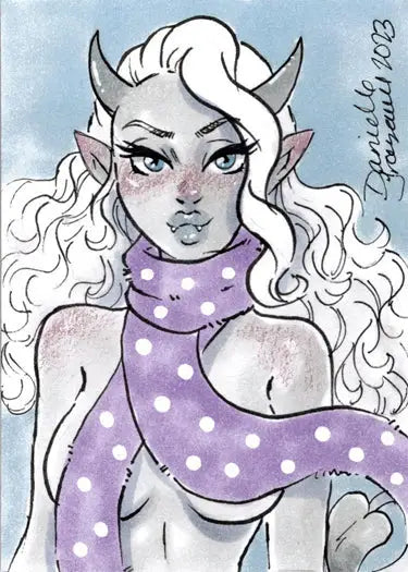 Stylized illustration of a Succubus Sweetheart by Danielle Gransaull on a sketch card