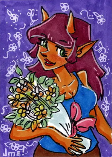 Colorful cartoon-style fantasy creature with flowers in Succubus Sweethearts sketch card