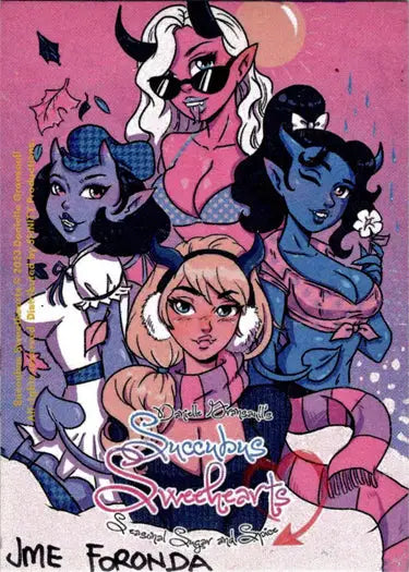 Colorful illustration of diverse Succubus Sweethearts by Jme Foronda on a sketch card