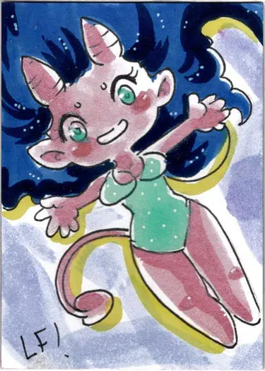Cartoon character with pink skin and spiky blue hair on Succubus Sweethearts sketch card