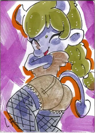 Cartoon character with green hair and blue skin on Succubus Sweethearts sketch card by Lucy Fidelis